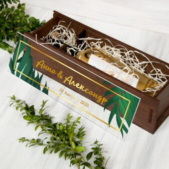 Деревянная винная коробка с акриловой крышкой на свадьбу "Тропическая вечеринка"